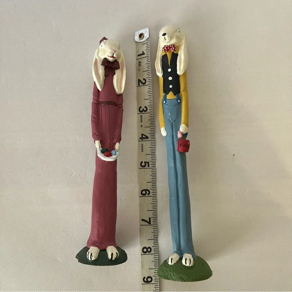 Vintage TNT 1991 Tall Skinny Rabbit Couple Easter Eggs Figurines Set Folk Art